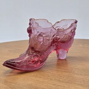Vintage Fenton Pink Cabbage Rose Shoe figurine Miniature‎ 3" Stamped -  No Chips